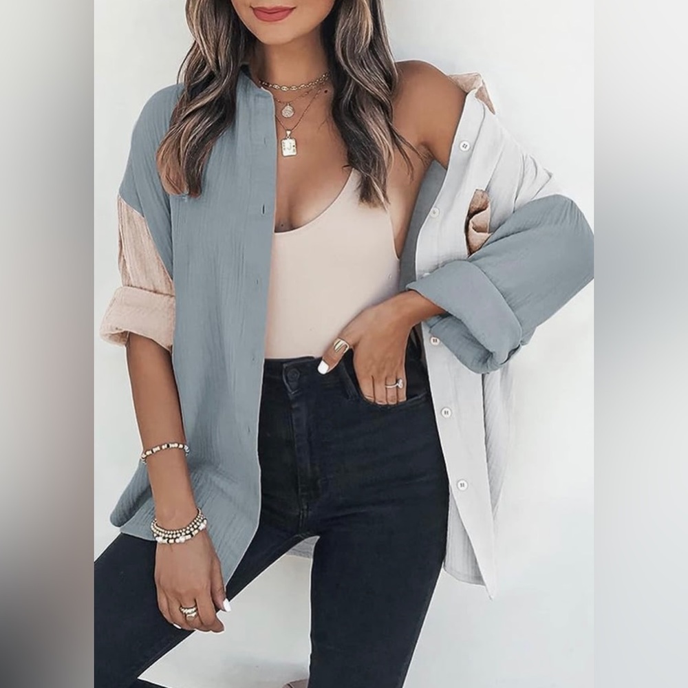 Dokotoo Pink/Grey/White Linen Oversized Long Sleeve Colorblock Button Down Shirt - Picture 4 of 5